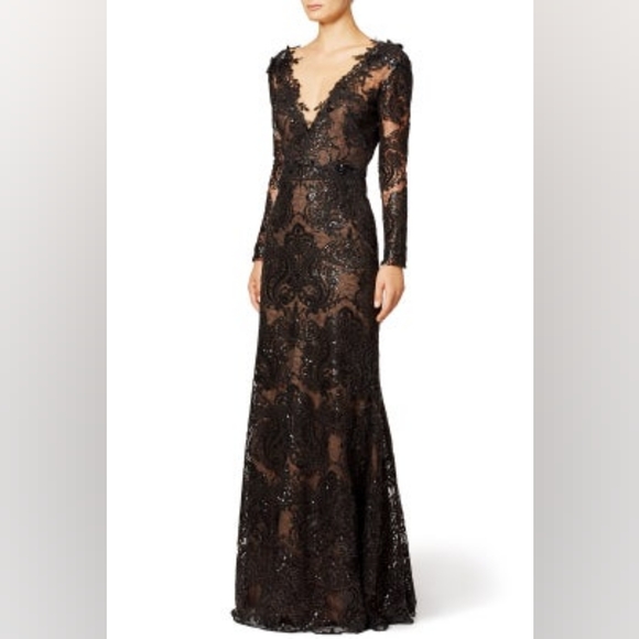 *$1,500.00 MARCHESA NOTTE EXCLUSIVE BLACK LACE BEAD RUNWAY GOWN SIZE US S - Picture 4 of 14